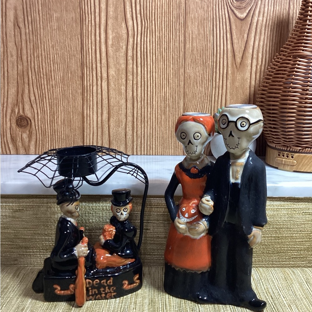 Halloween Skeleton Couple and Figurine Set missing pitch fork